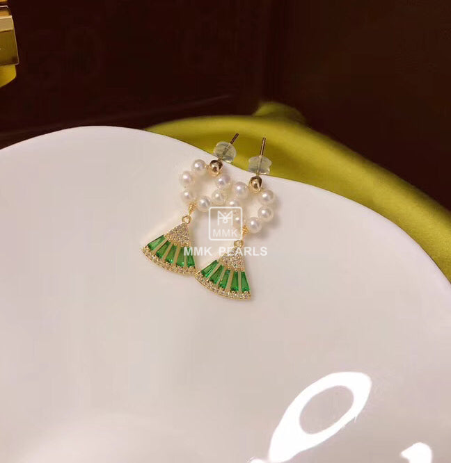 Handmade Green Fan & Hoop Pearl Earrings