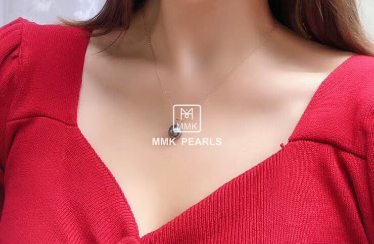 18K Gold 8-9mm Tahitian Black Pearl Pendant Necklace