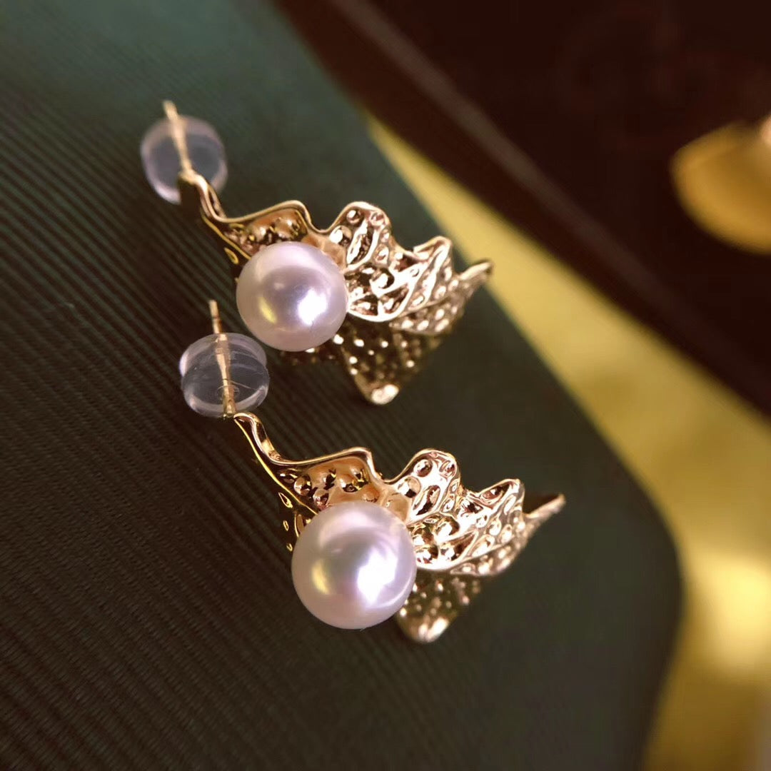 Oak Leaf Pearl Post Earrings