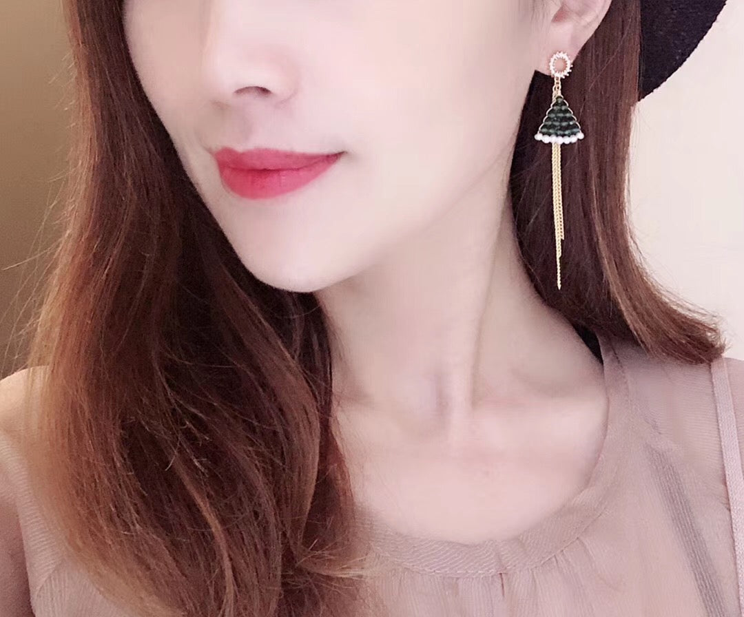 Green Crystal Christmas Tree Pearl Drop Earrings
