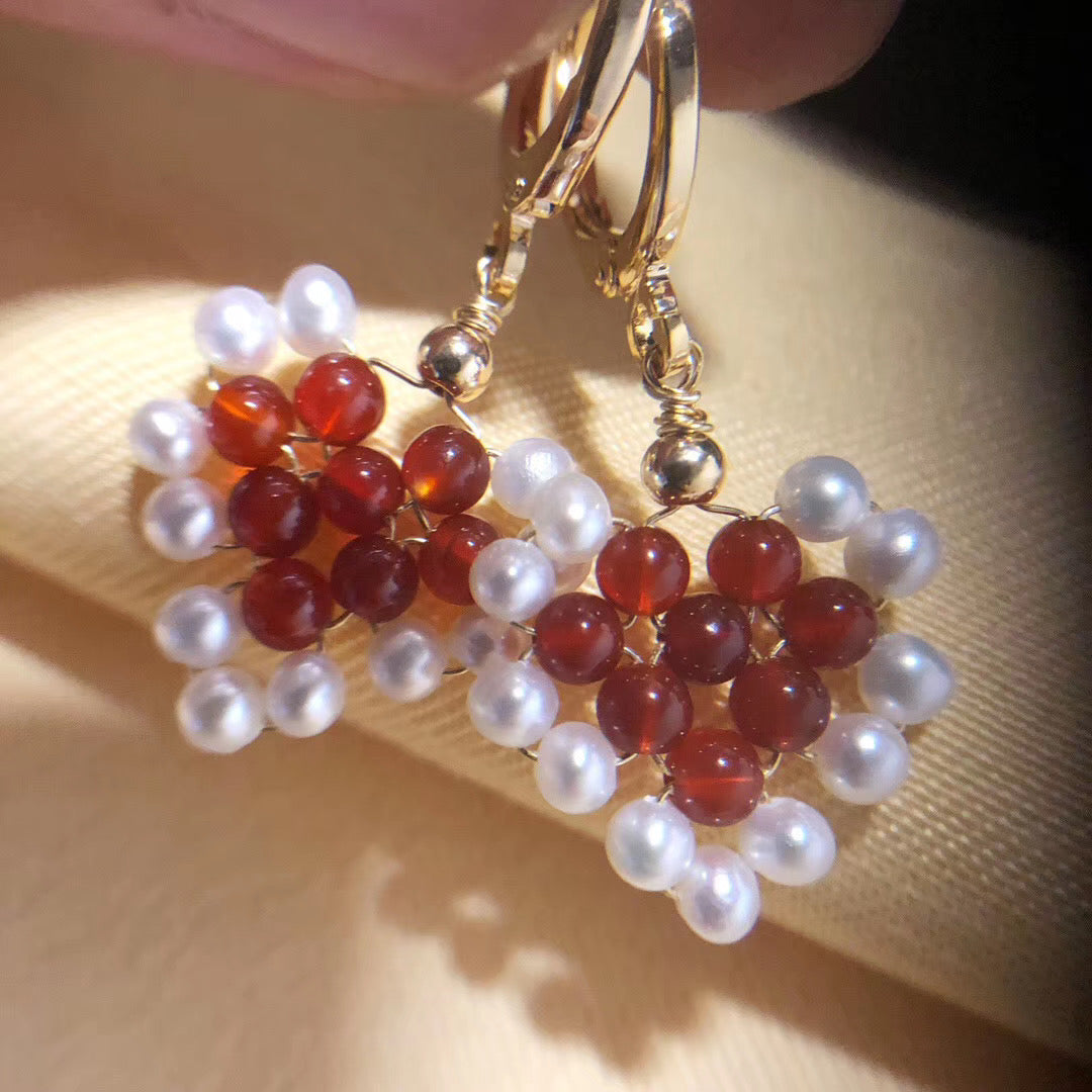 Handmade Red Agate and Pearl Earrings and Pendant Necklace Set