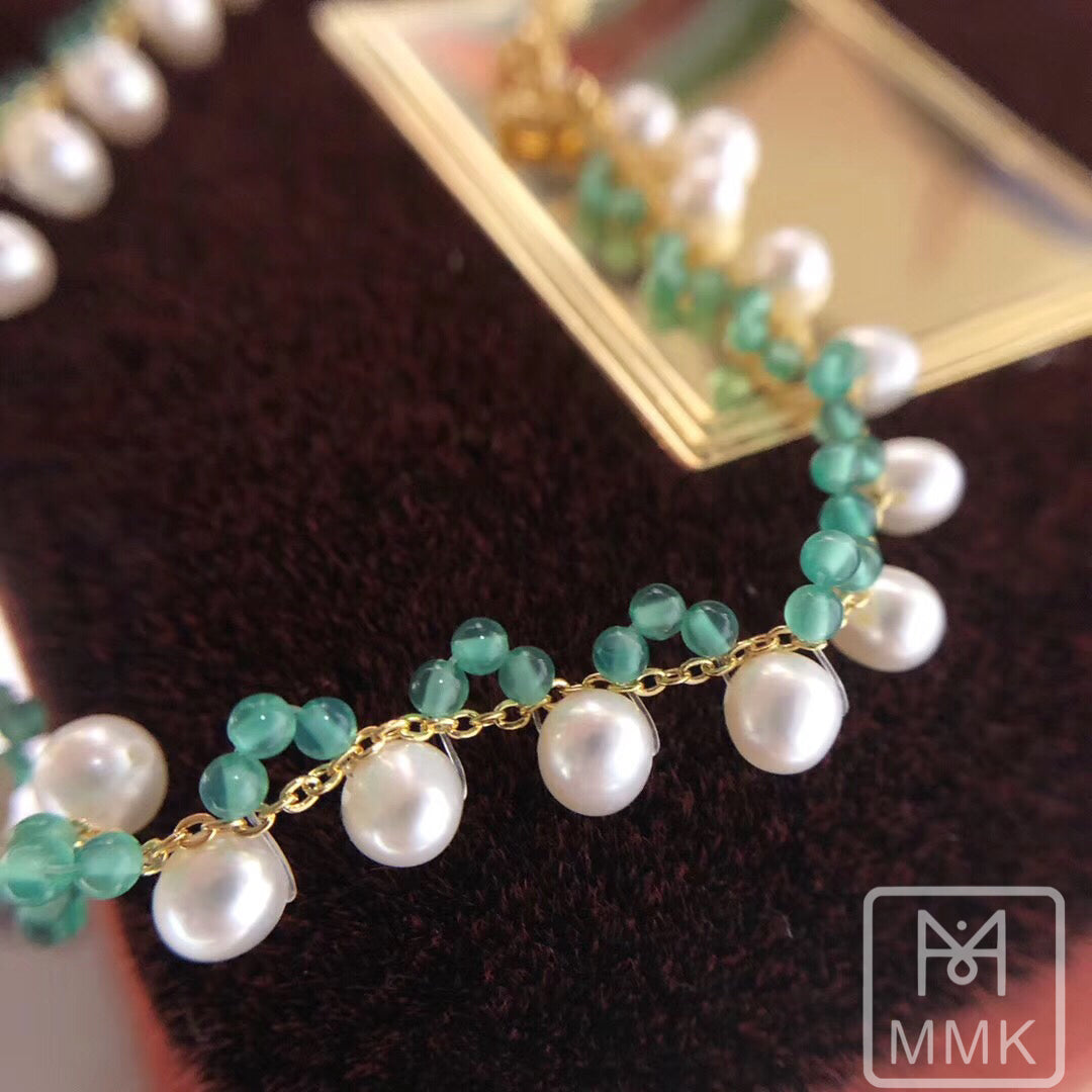 14K Gold Filled Jade and Pearl Anklet Adjustable in Size