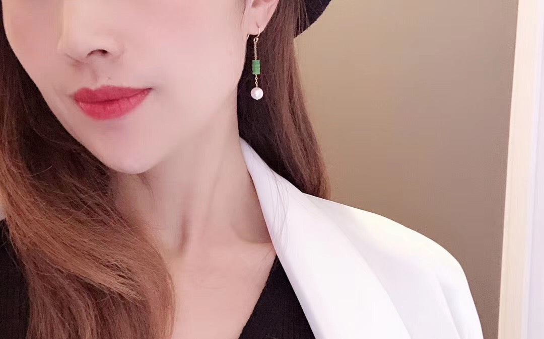 Jade and Akoya Pearl Hook Earrings