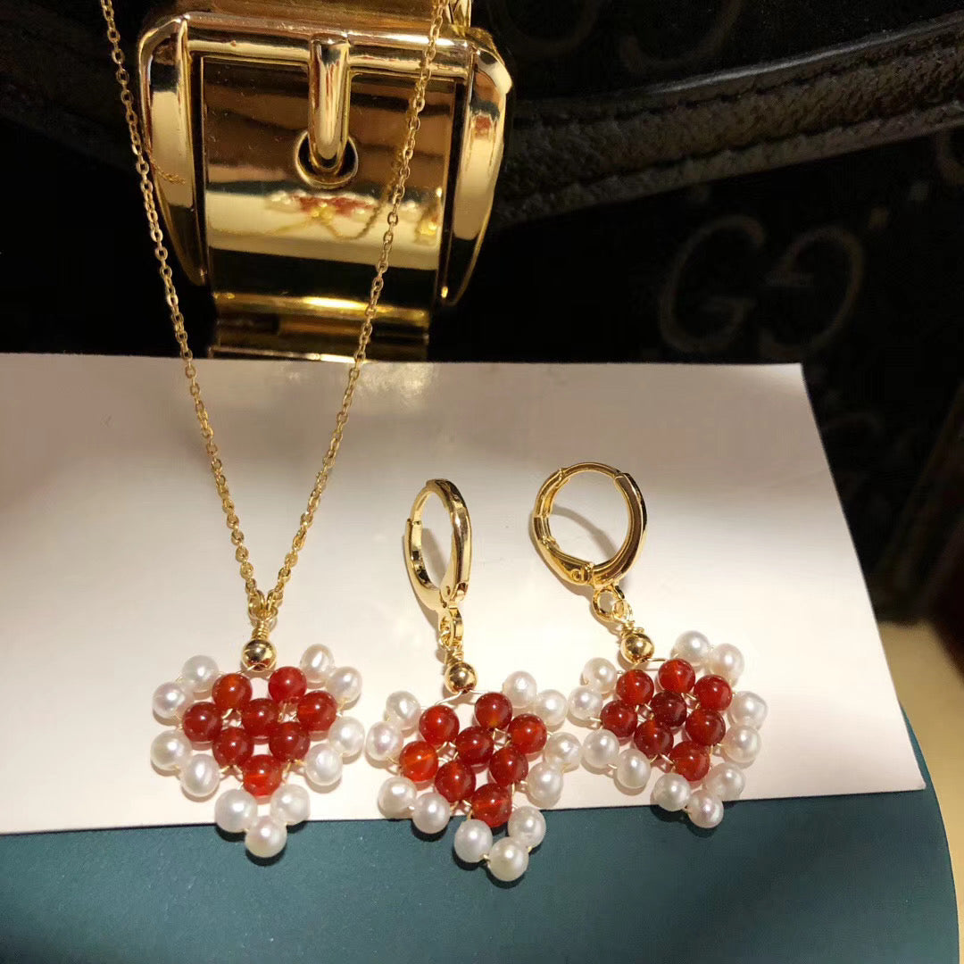 Handmade Red Agate and Pearl Earrings and Pendant Necklace Set