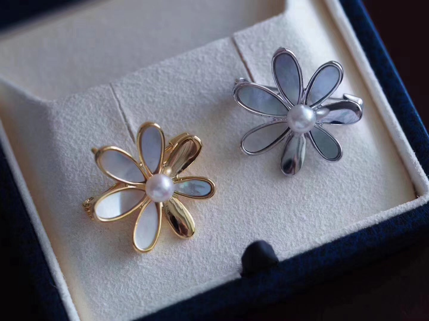 Mother of Pearl and Akoya Pearl Flower Brooch Pin
