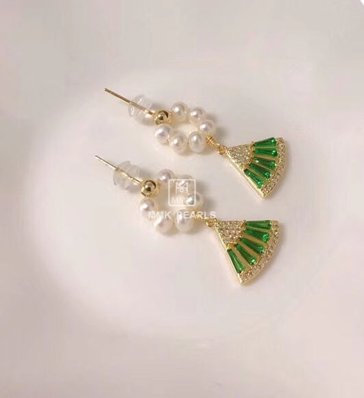 Handmade Green Fan & Hoop Pearl Earrings