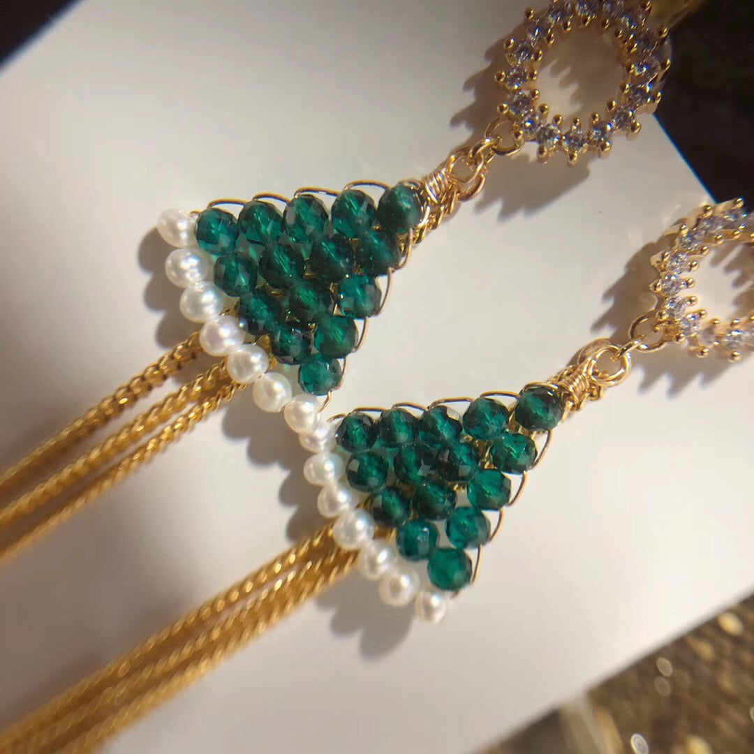 Green Crystal Christmas Tree Pearl Drop Earrings