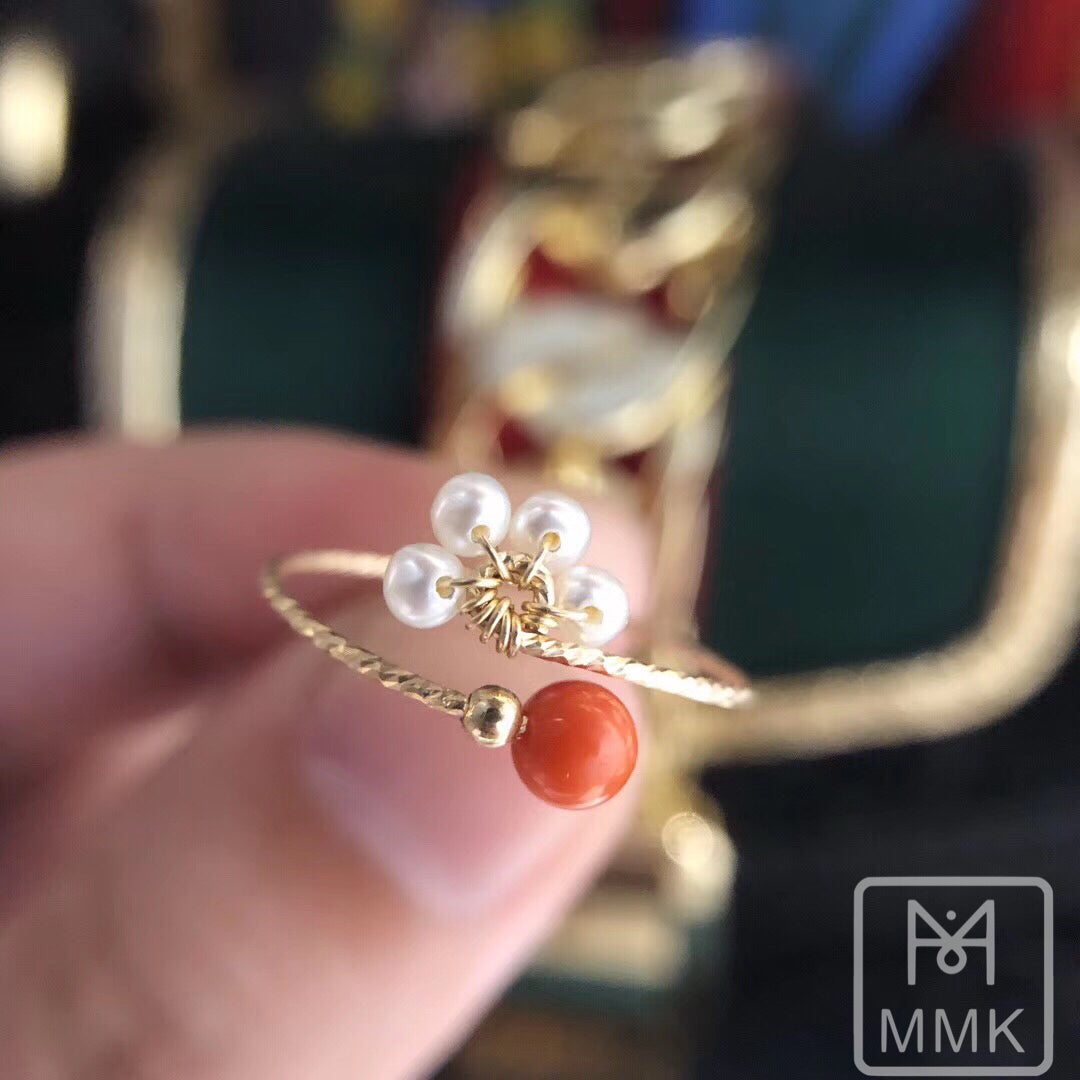 Italian Red Coral and All Natural Pearl Ring in 14K Gold Filled