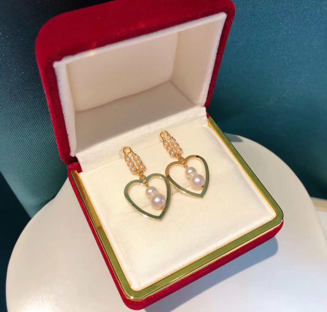 Double-Pearl Heart Shape Drop Earrings