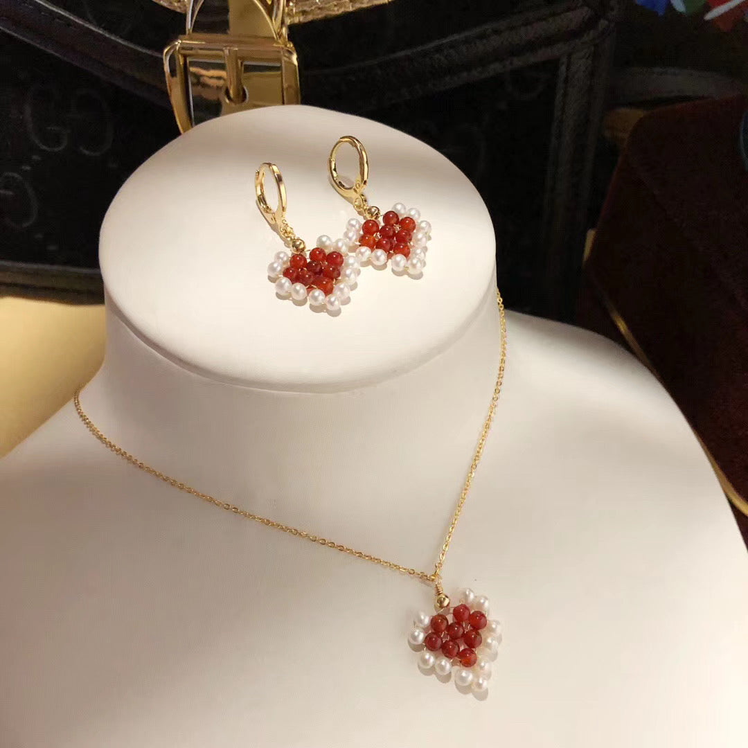 Handmade Red Agate and Pearl Earrings and Pendant Necklace Set