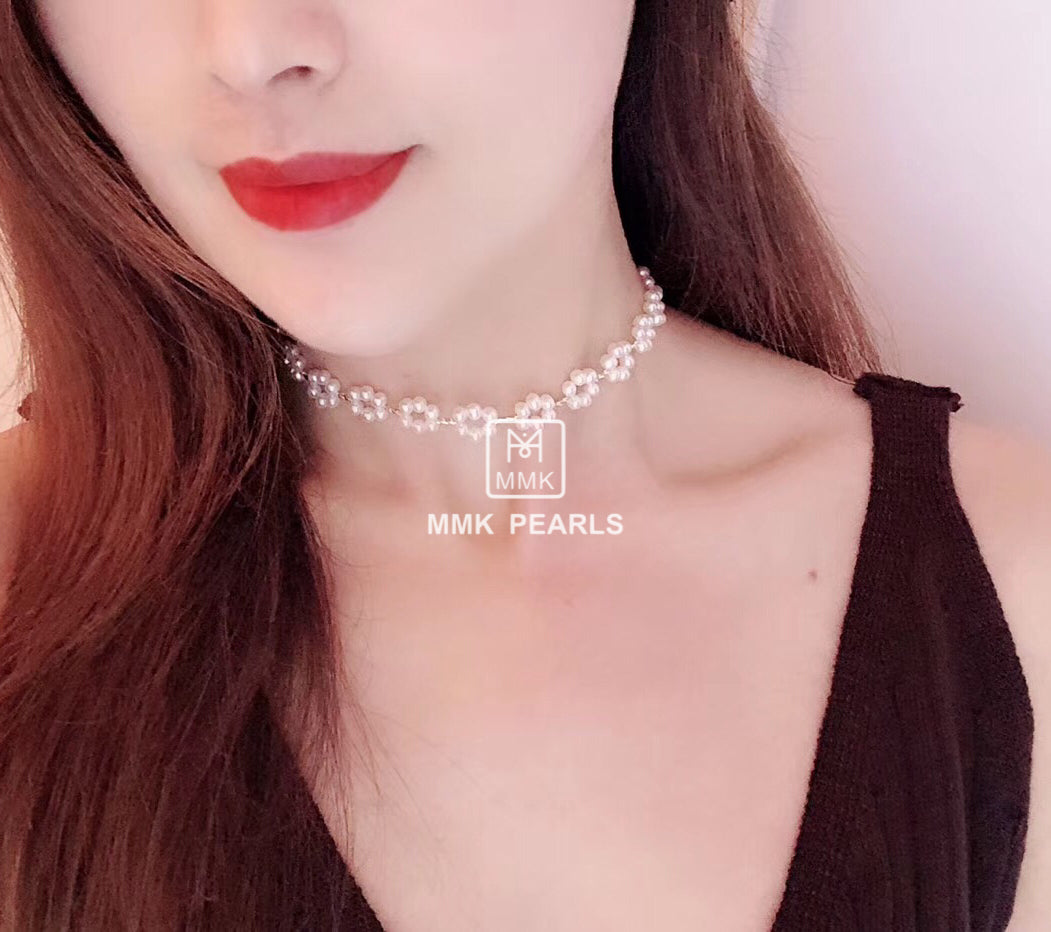 Plum Blossom White Pearl Choker Necklace Earrings Bracelet Matching Set