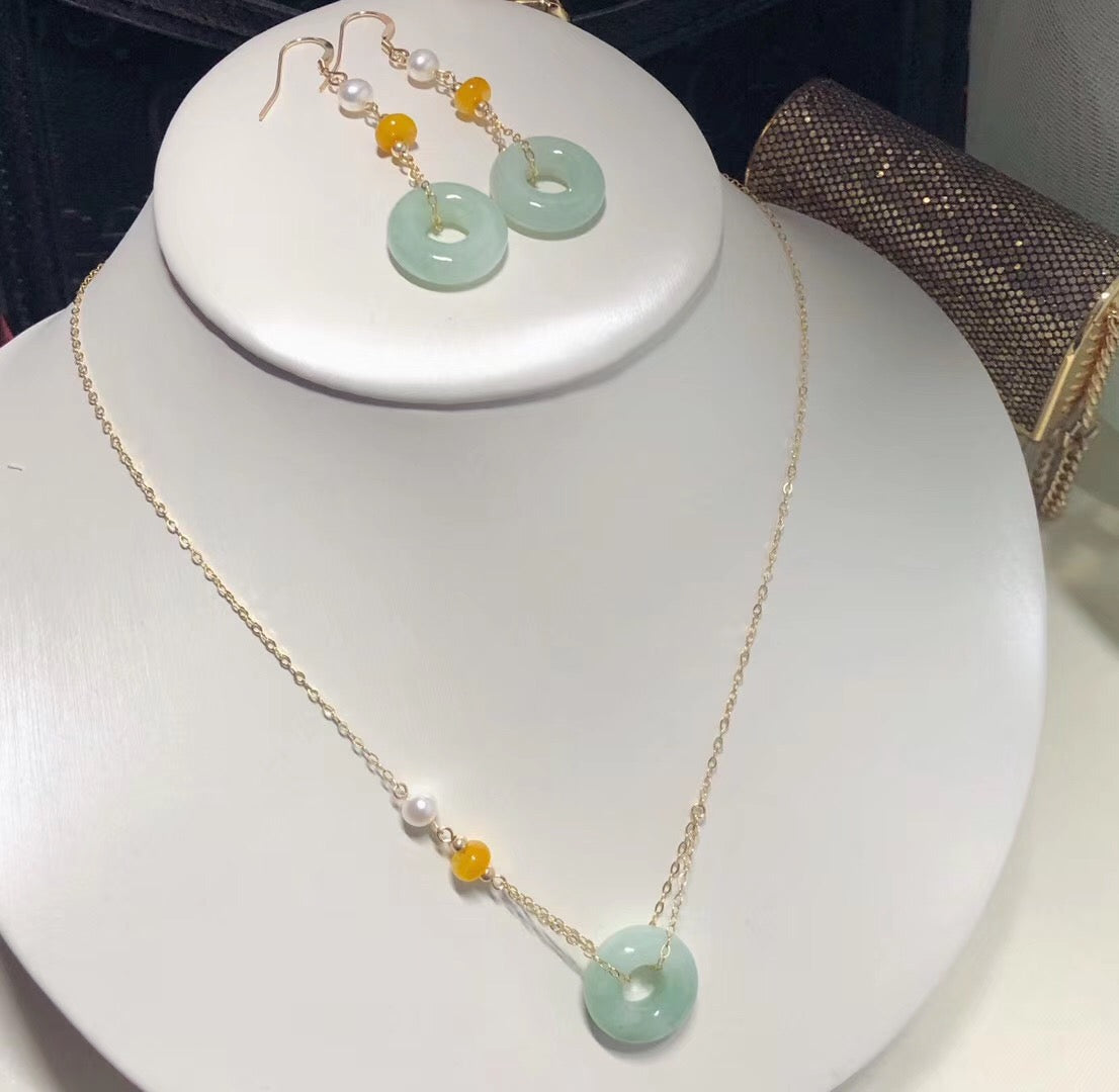 Lucky Jade and Pearl Pendant and Earrings Set