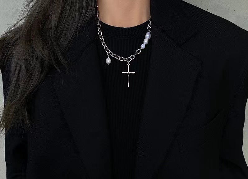 Hip Hop Cross Pendant Chain Necklace with Pearl | Stainless Steel