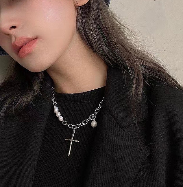 Hip Hop Cross Pendant Chain Necklace with Pearl | Stainless Steel