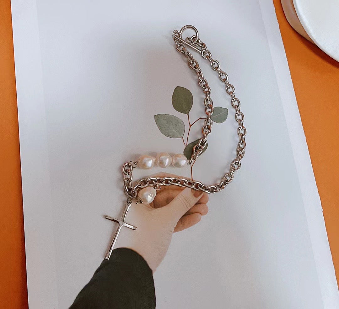 Hip Hop Cross Pendant Chain Necklace with Pearl | Stainless Steel