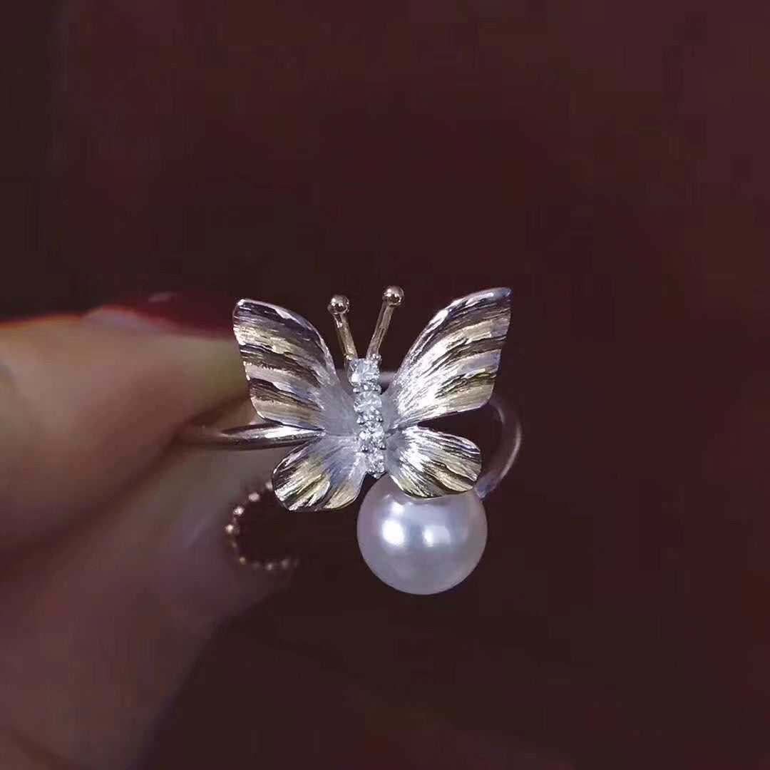 Natural White Pearl Handmade Butterfly Silver Ring by MMK