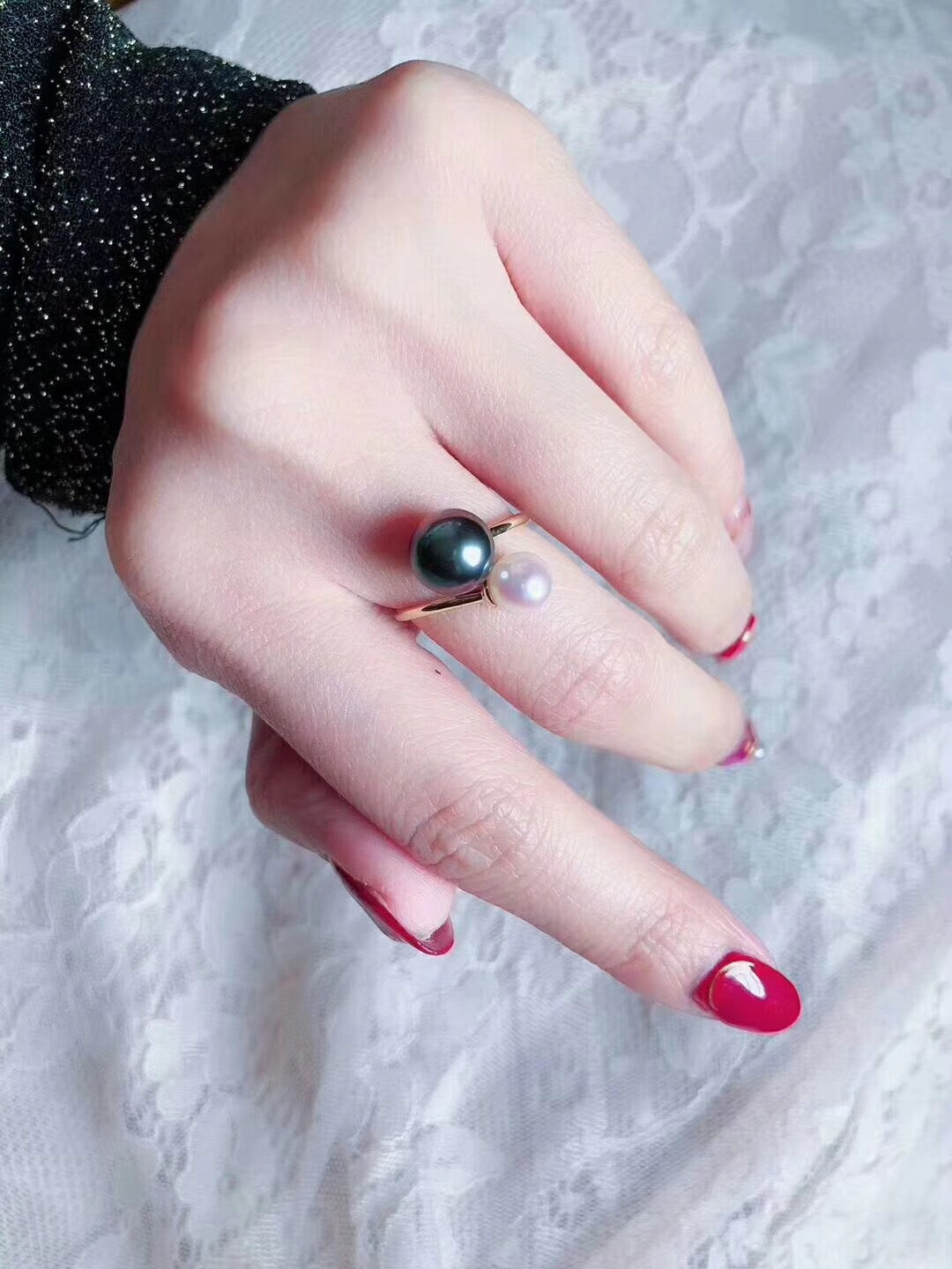 Tahitian and Akoya Pearls Handmade Ring in 18K Gold By MMK