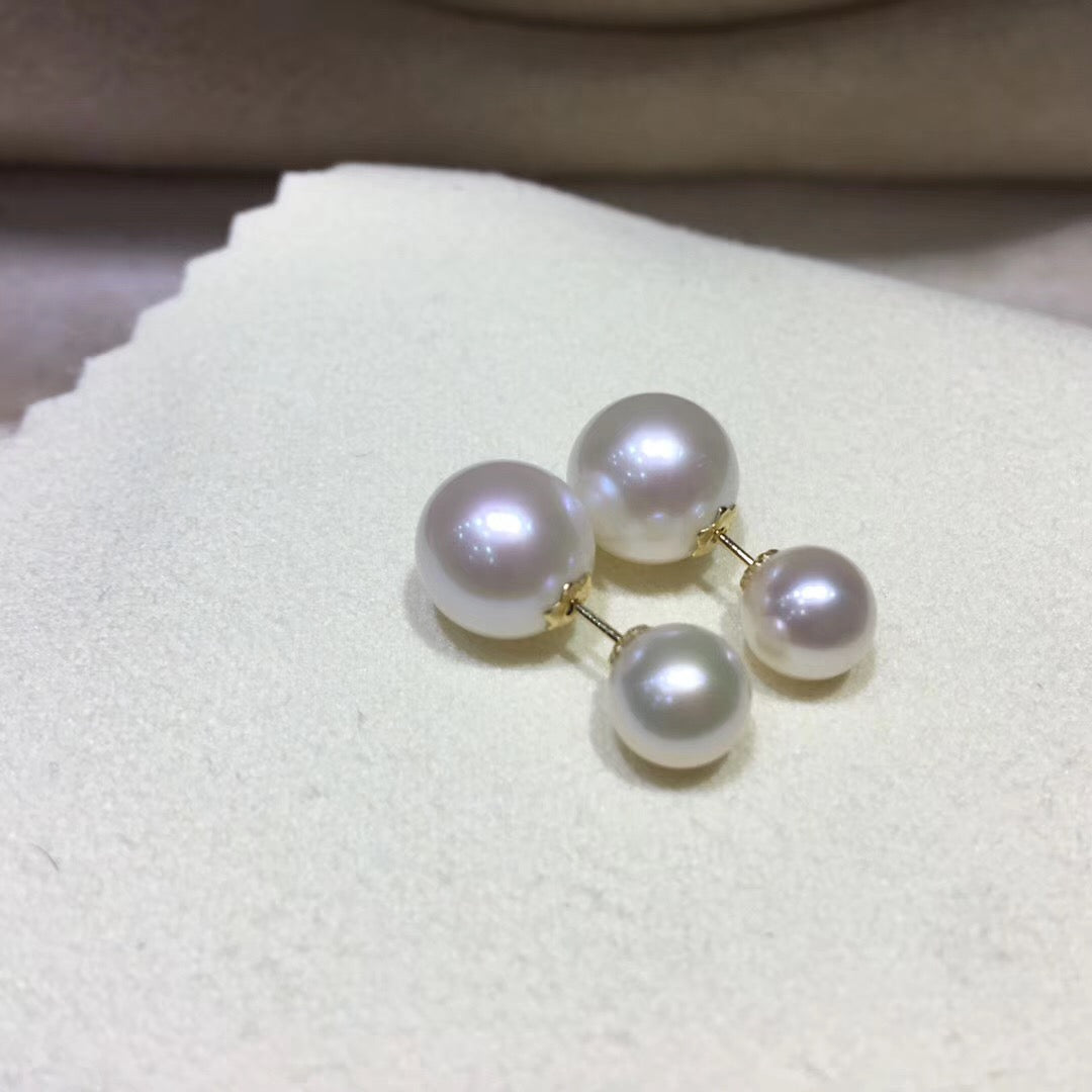 7-14mm Authentic Pearl Front-Back Double Sided Studs Earrings in 18K Gold