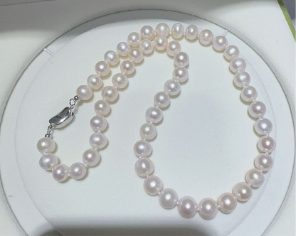 Freshwater Pearl Necklace – High Luster, Minimal Blemish | Sterling Silver Clasp | 8–9mm Near-Round Pearls