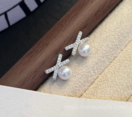 X-Shaped Studs | S925 Sterling Silver | 7-8mm Pearls