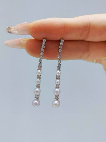 Sparkling Pearl Long Dangle Earrings | Timeless Elegant Style | 5-Pearl Version