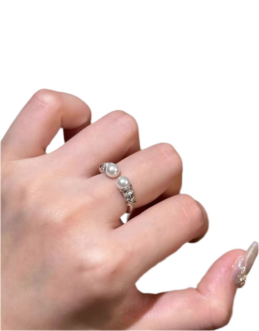 Duo Pearl Ring – Adjustable Opening & Twisted Design | Sterling Silver