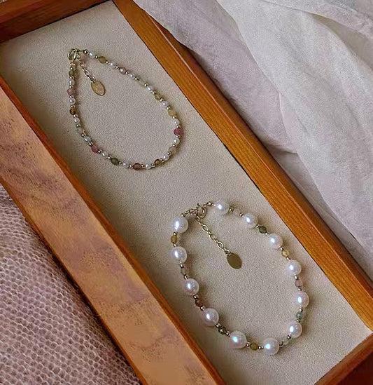 Set of 2 Natural Pearl and Tourmaline Bracelets | 7–8mm & 3-4mm Pearls