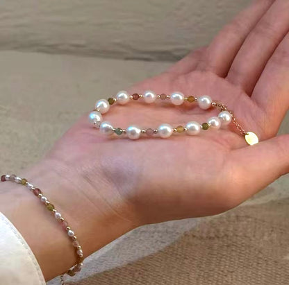 Set of 2 Natural Pearl and Tourmaline Bracelets | 7–8mm & 3-4mm Pearls