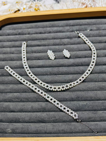 Handcrafted Bridal Pearl Jewelry Set – Custom Choker, Bracelet & Earrings | Adjustable Free Size Fitting