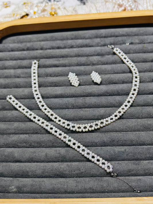 Handcrafted Bridal Pearl Jewelry Set – Custom Choker, Bracelet & Earrings | Adjustable Free Size Fitting