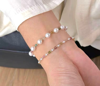 Set of 2 Natural Pearl and Tourmaline Bracelets | 7–8mm & 3-4mm Pearls