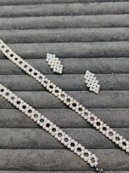 Handcrafted Bridal Pearl Jewelry Set – Custom Choker, Bracelet & Earrings | Adjustable Free Size Fitting