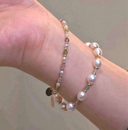 Set of 2 Natural Pearl and Tourmaline Bracelets | 7–8mm & 3-4mm Pearls
