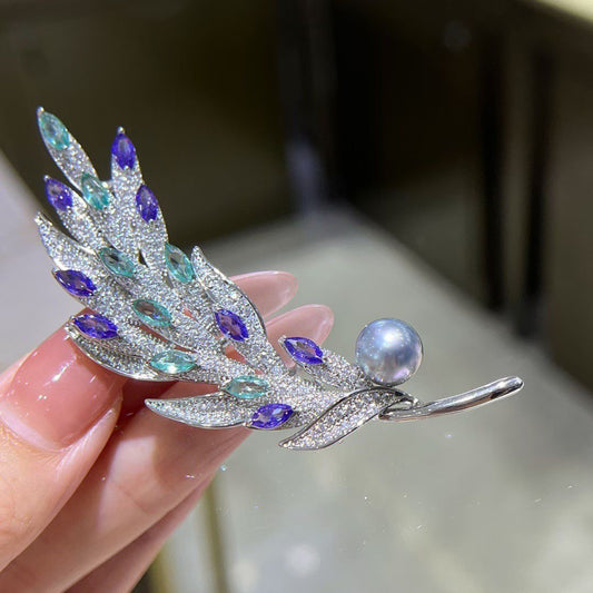 Feather Shaped Pearl Brooch