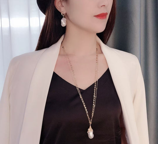Giant Baroque Pearl Necklace & Earrings Set