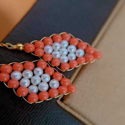 Handwoven Coral & Pearl Dangling Earrings