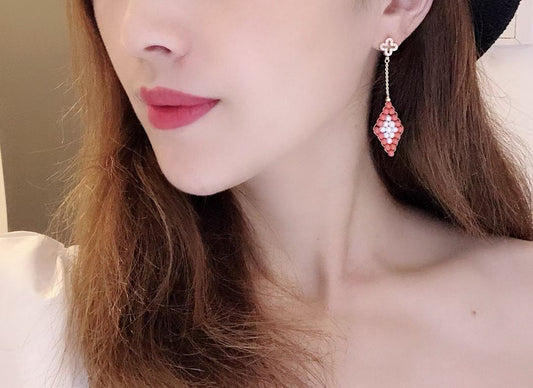 Handwoven Coral & Pearl Dangling Earrings