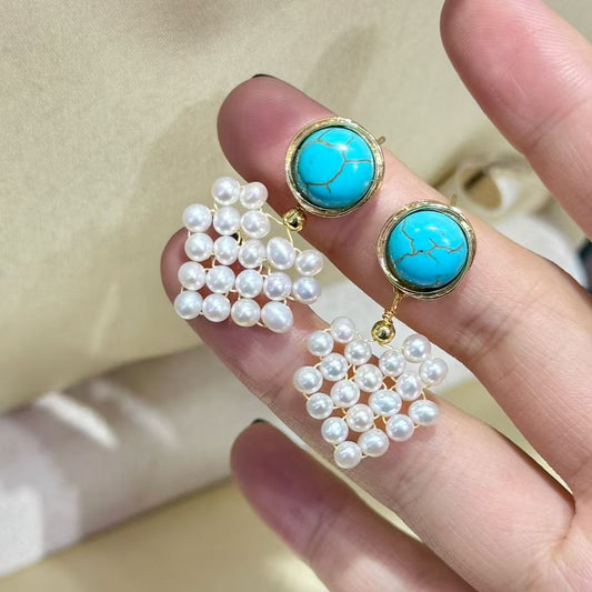 Turquoise Heart Pearl Stud Earrings