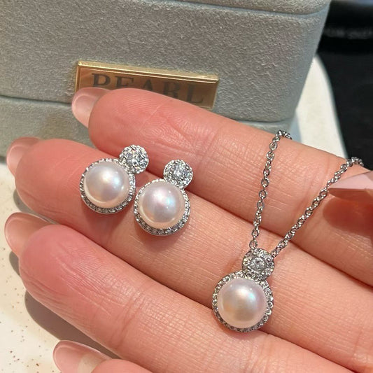 Classic Pearl Set – Stud Earrings & Pendant Necklace I 8-9mm Pearls | 14K White Gold Filled