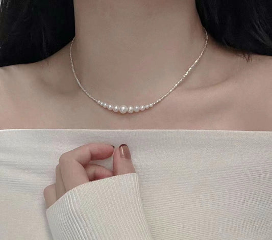 Trendy Smiling Silver Bead & Pearl Necklace | S925 Sterling Silver | 3–8mm Natural Pearls