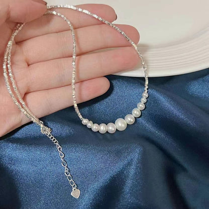 Trendy Smiling Silver Bead & Pearl Necklace | S925 Sterling Silver | 3–8mm Natural Pearls
