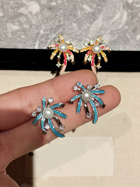 Firework-Inspired Enamel Pearl Stud Earrings
