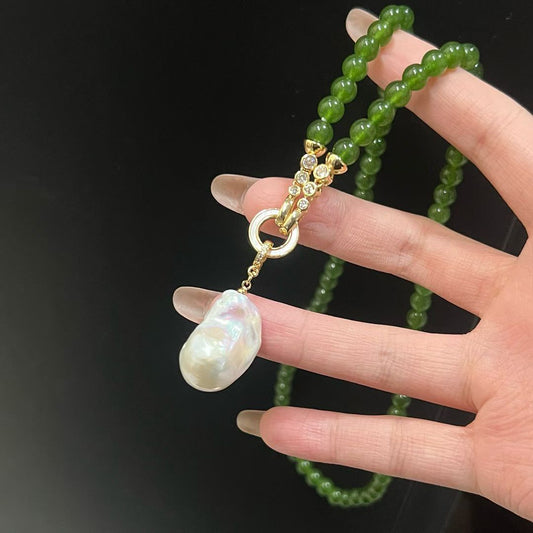 Elegant Jade Beaded Necklace Featuring Baroque Pendant | 55cm / 21.5 inches