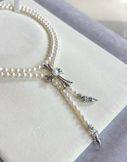 Trendy Long Pearl Necklace with Cross | 33.5 inches/85cm