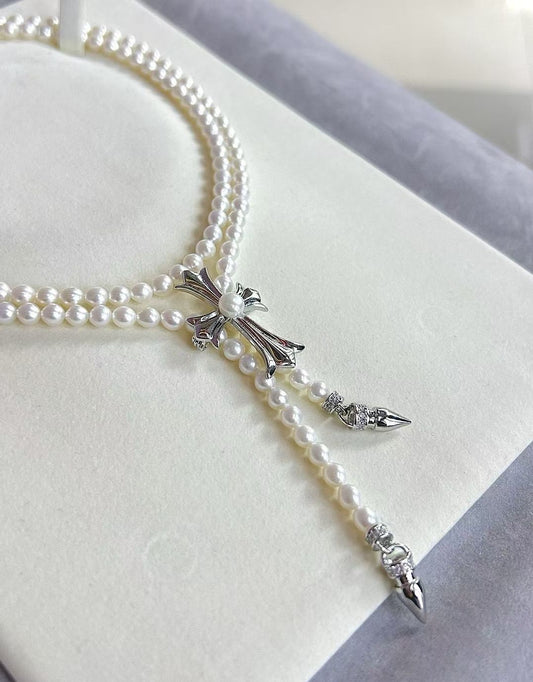 Trendy Long Pearl Necklace with Cross | 33.5 inches/85cm
