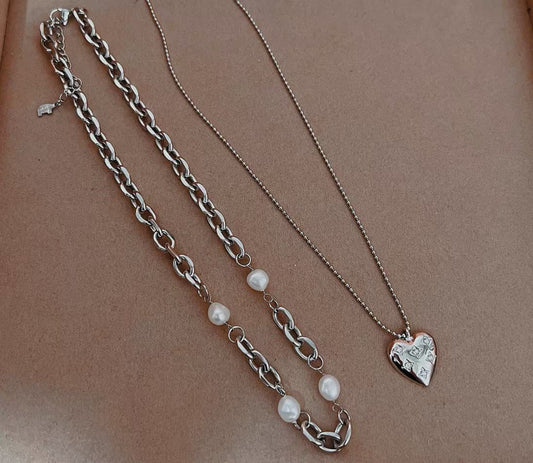 Set of 2 Vintage Style Pearl Necklaces | 7–8mm Natural Pearls | Stainless Steel