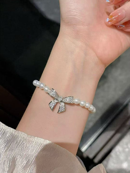 Sparkling Bow & Pearls Necklace & Bracelet Set