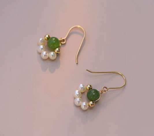 Green Jade & Pearl French Hook Earrings | 6mm Dark Green Jade Beads + 4–5mm Natural Pearls| Handcrafted