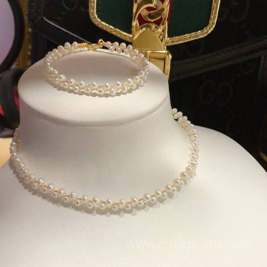 Handcrafted Bridal Pearl Jewelry Set – Custom Choker & Bracelet| Adjustable Free Size Fitting