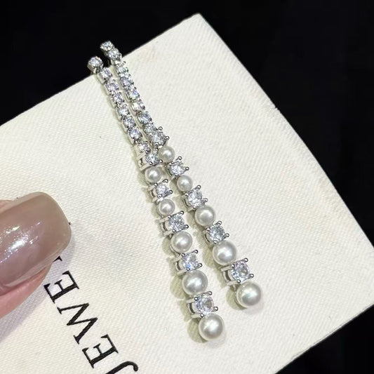 Sparkling Pearl Long Dangle Earrings – Timeless Elegant Style